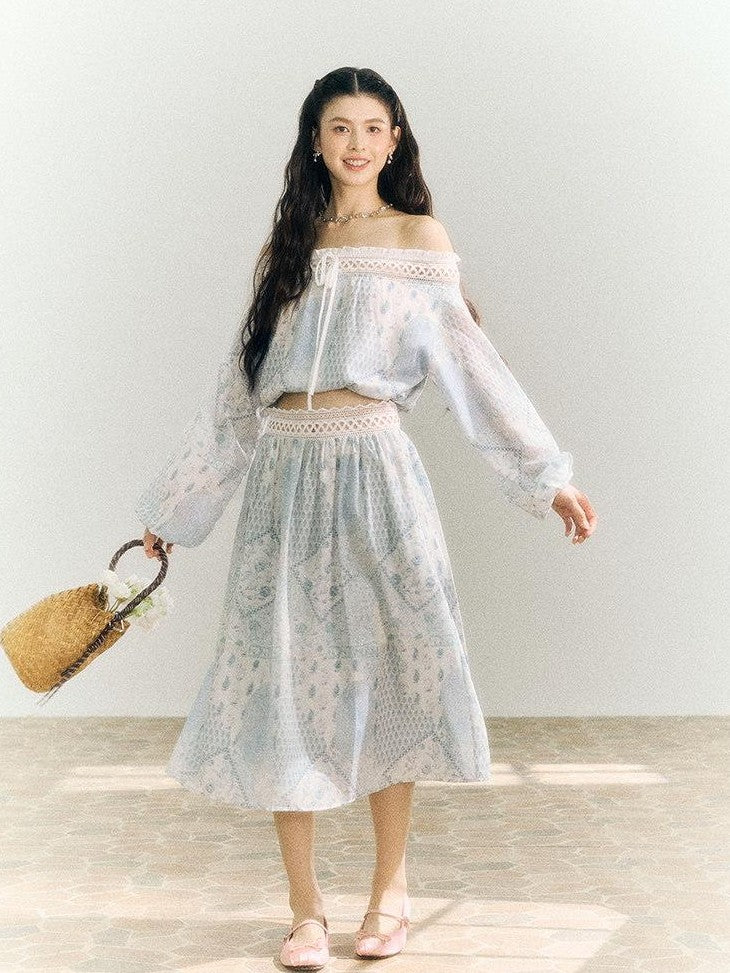 SereneEase French Resort Lace Off Shoulder Spliced Women's Polyester Matching Skirt Sets