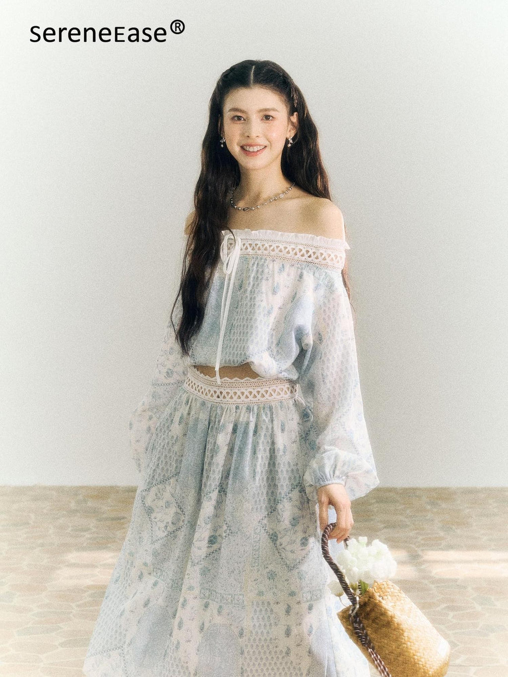 SereneEase French Resort Lace Off Shoulder Spliced Women's Polyester Matching Skirt Sets