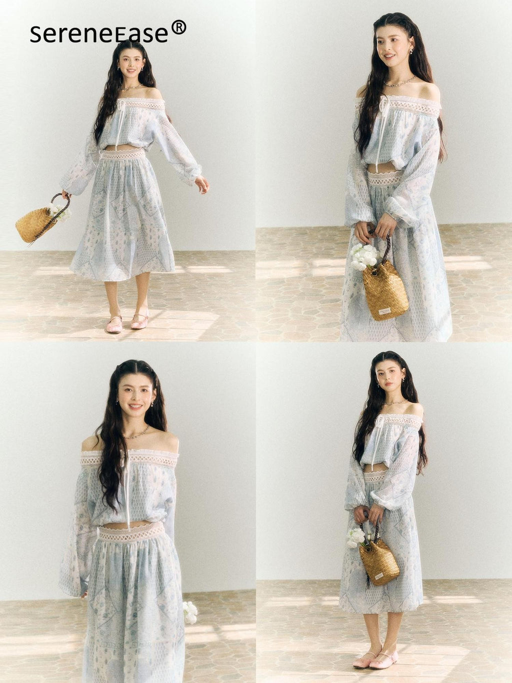 SereneEase French Resort Lace Off Shoulder Spliced Women's Polyester Matching Skirt Sets