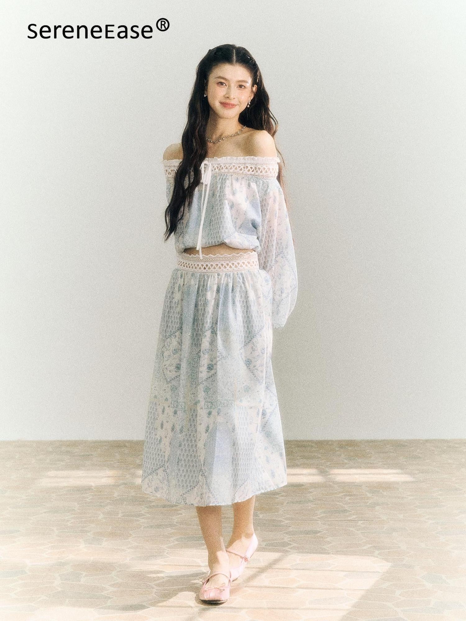 SereneEase French Resort Lace Off Shoulder Spliced Women's Polyester Matching Skirt Sets