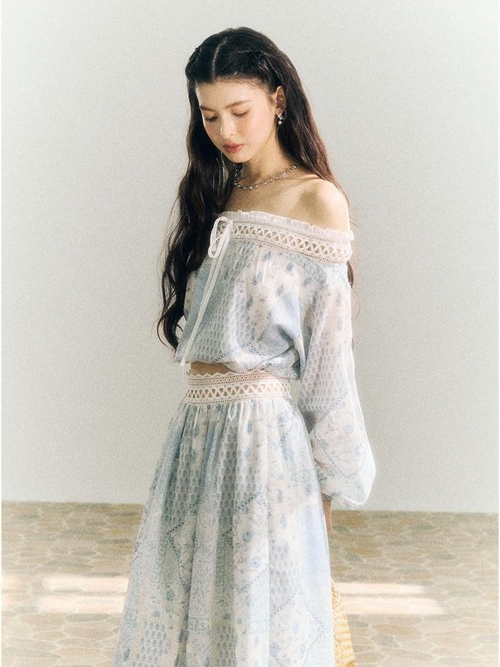 SereneEase French Resort Lace Off Shoulder Spliced Women's Polyester Matching Skirt Sets