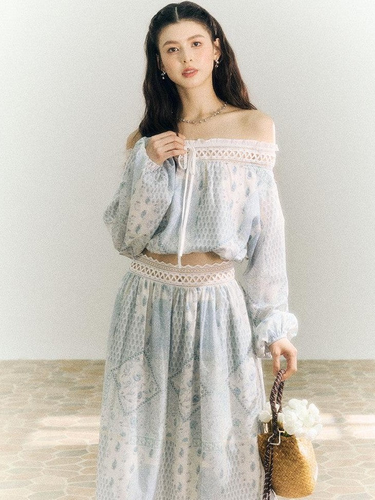 SereneEase French Resort Lace Off Shoulder Spliced Women's Polyester Matching Skirt Sets