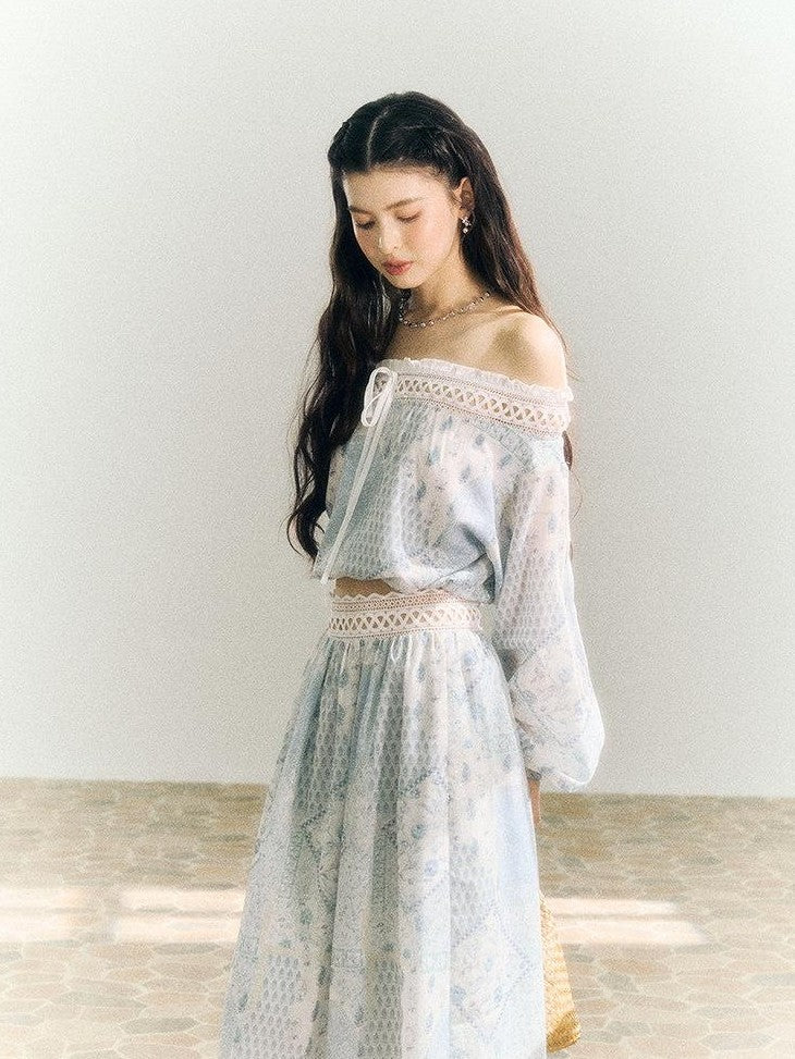 SereneEase French Resort Lace Off Shoulder Spliced Women's Polyester Matching Skirt Sets