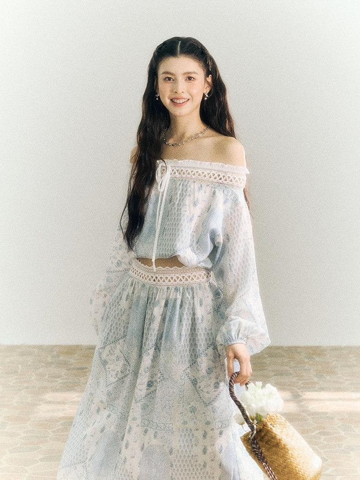 SereneEase French Resort Lace Off Shoulder Spliced Women's Polyester Matching Skirt Sets