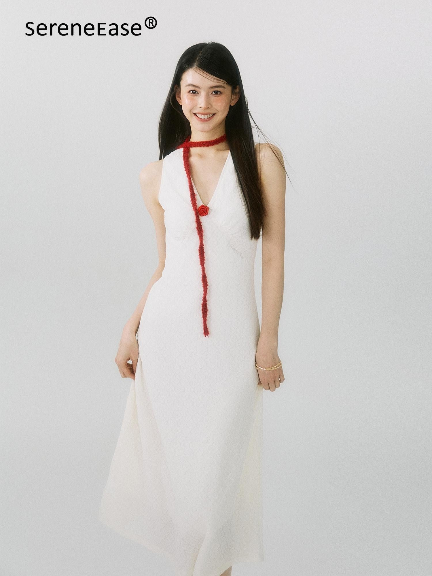 SereneEase French V-neck Detachable Flower Women's Nylon Bodycon Maxi Dresses
