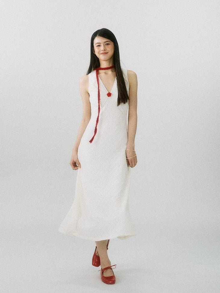 SereneEase French V-neck Detachable Flower Women's Nylon Bodycon Maxi Dresses