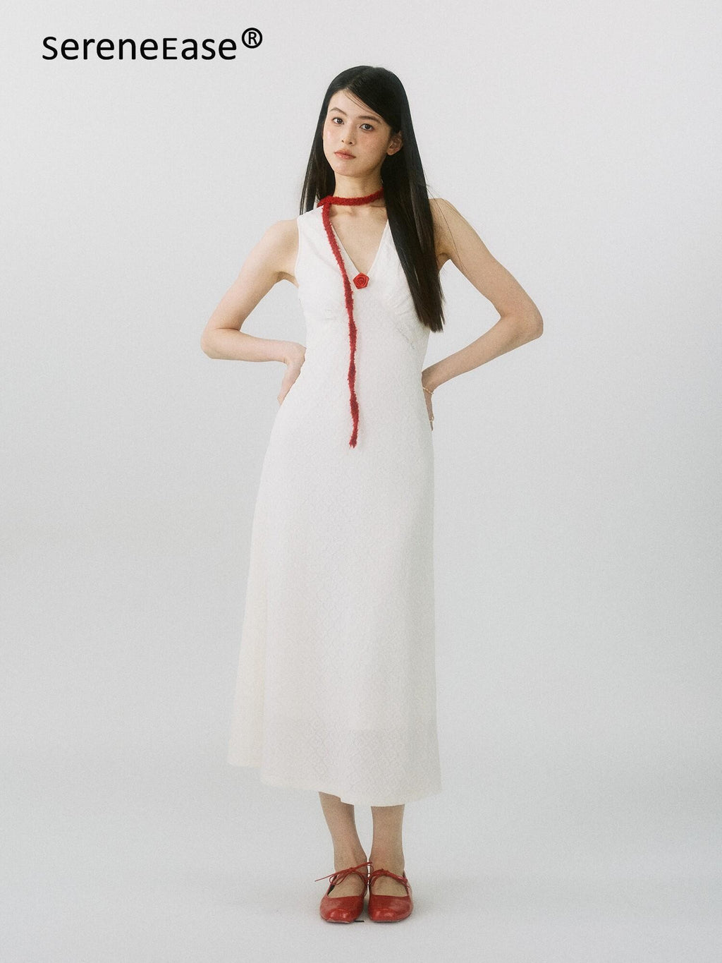 SereneEase French V-neck Detachable Flower Women's Nylon Bodycon Maxi Dresses