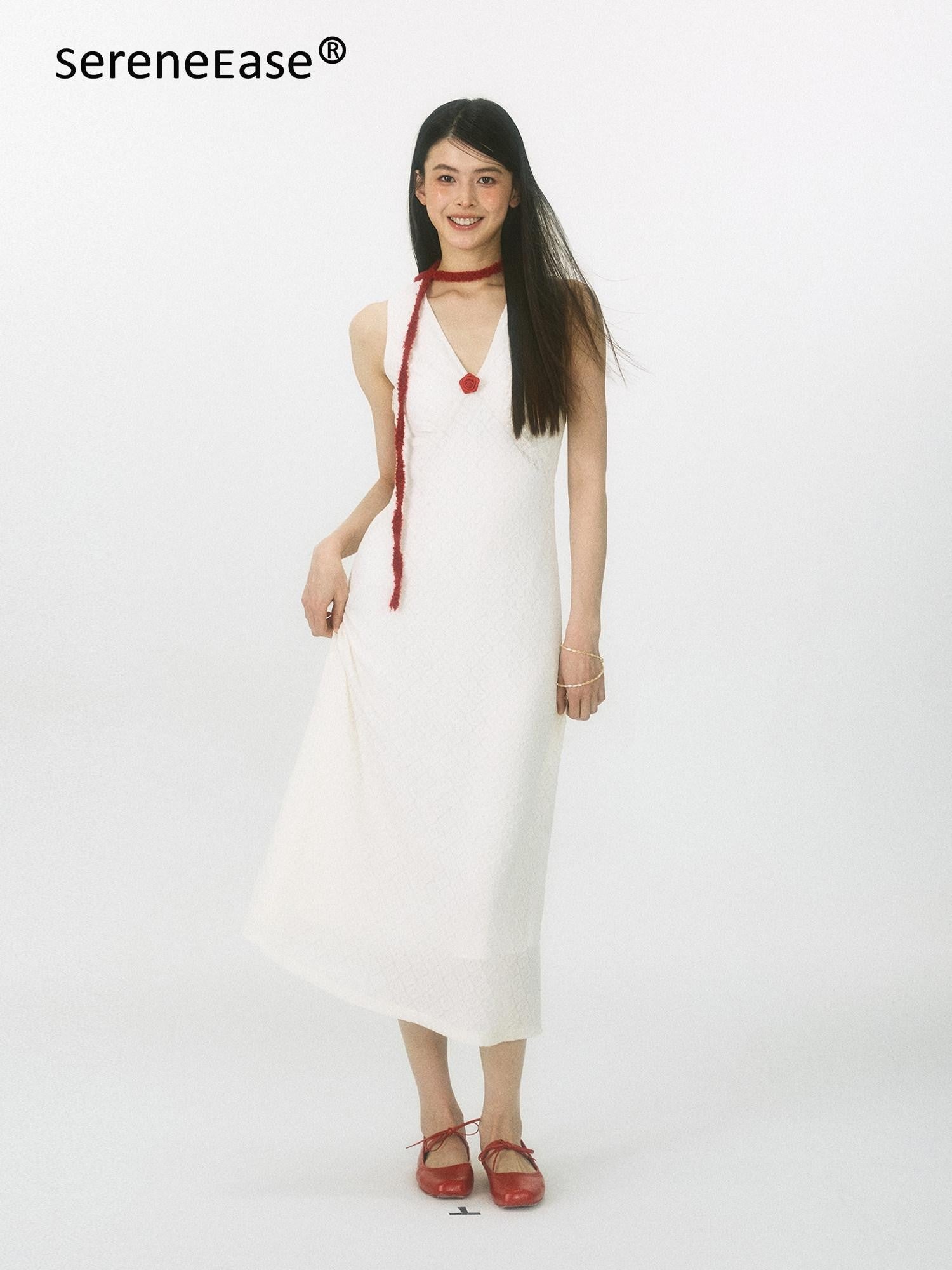 SereneEase French V-neck Detachable Flower Women's Nylon Bodycon Maxi Dresses