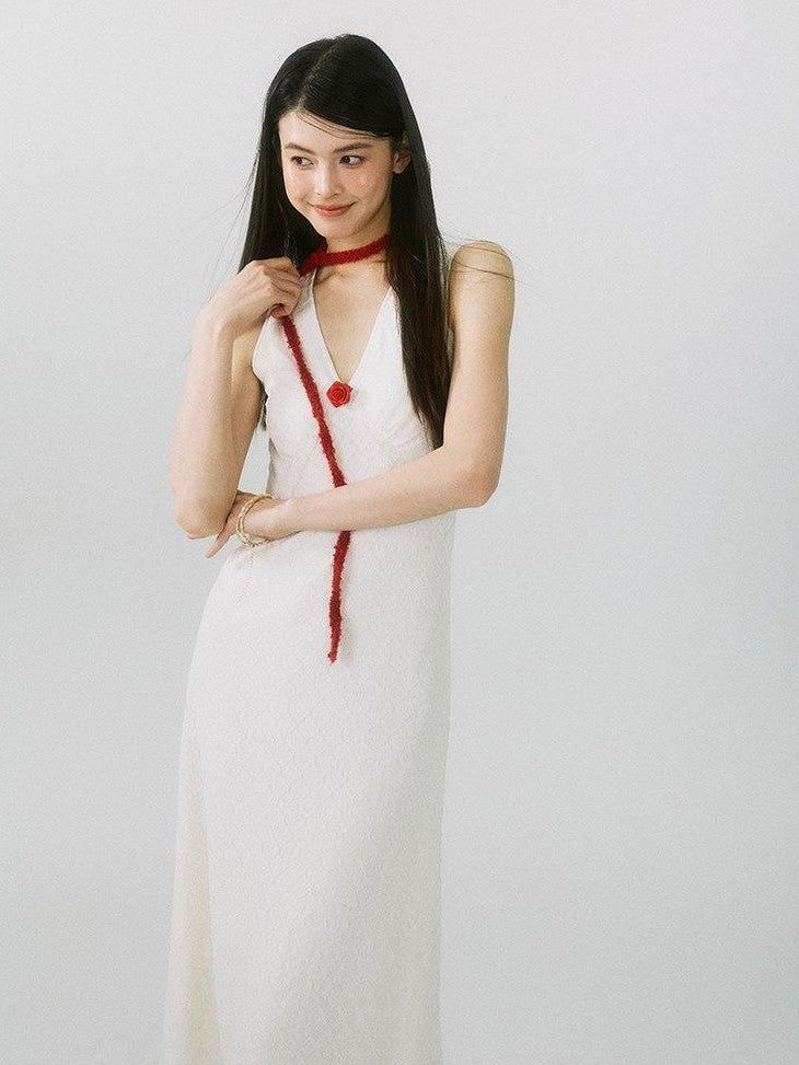 SereneEase French V-neck Detachable Flower Women's Nylon Bodycon Maxi Dresses
