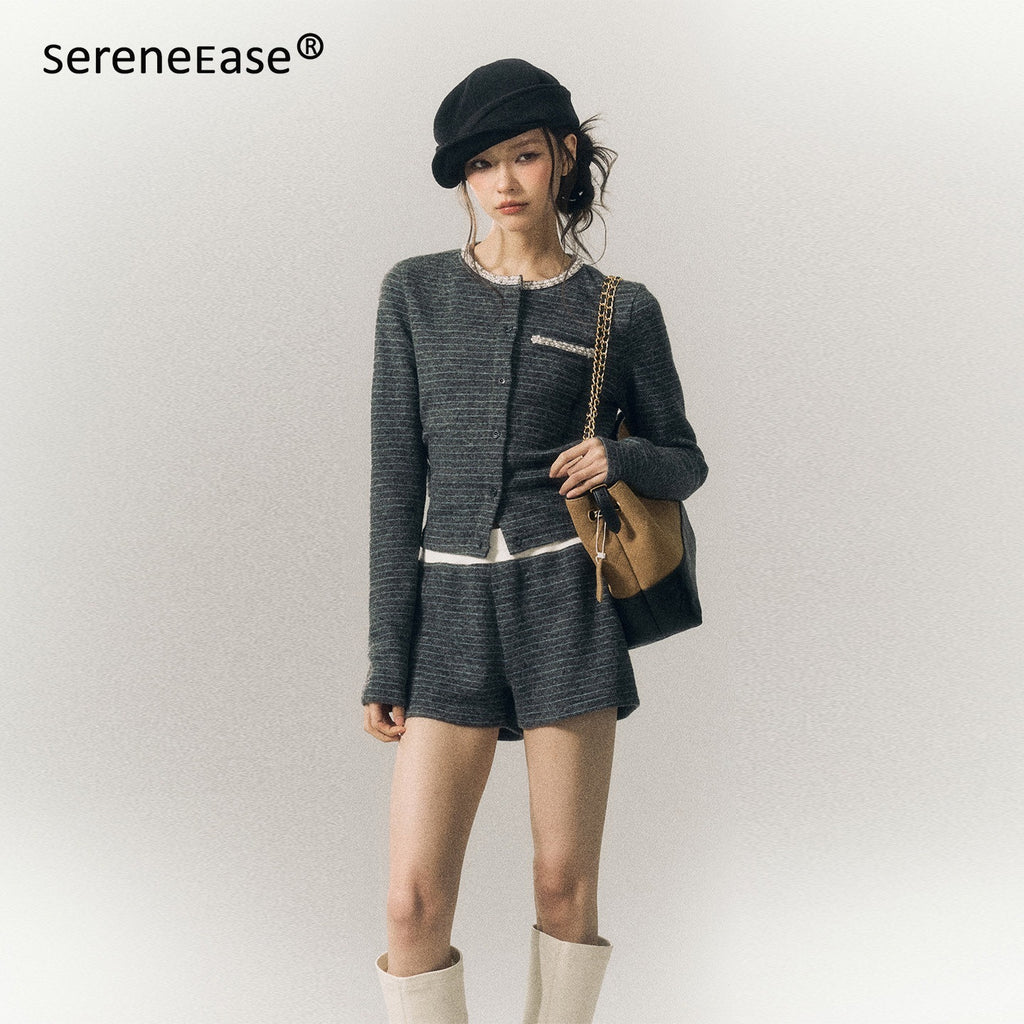 SereneEase_Gray_Blue_Striped_Hand_Beaded_Tie_Cardigan_Women's_Wool_Casual_Top_&_Shorts_Sets_983222767388_MISSTT