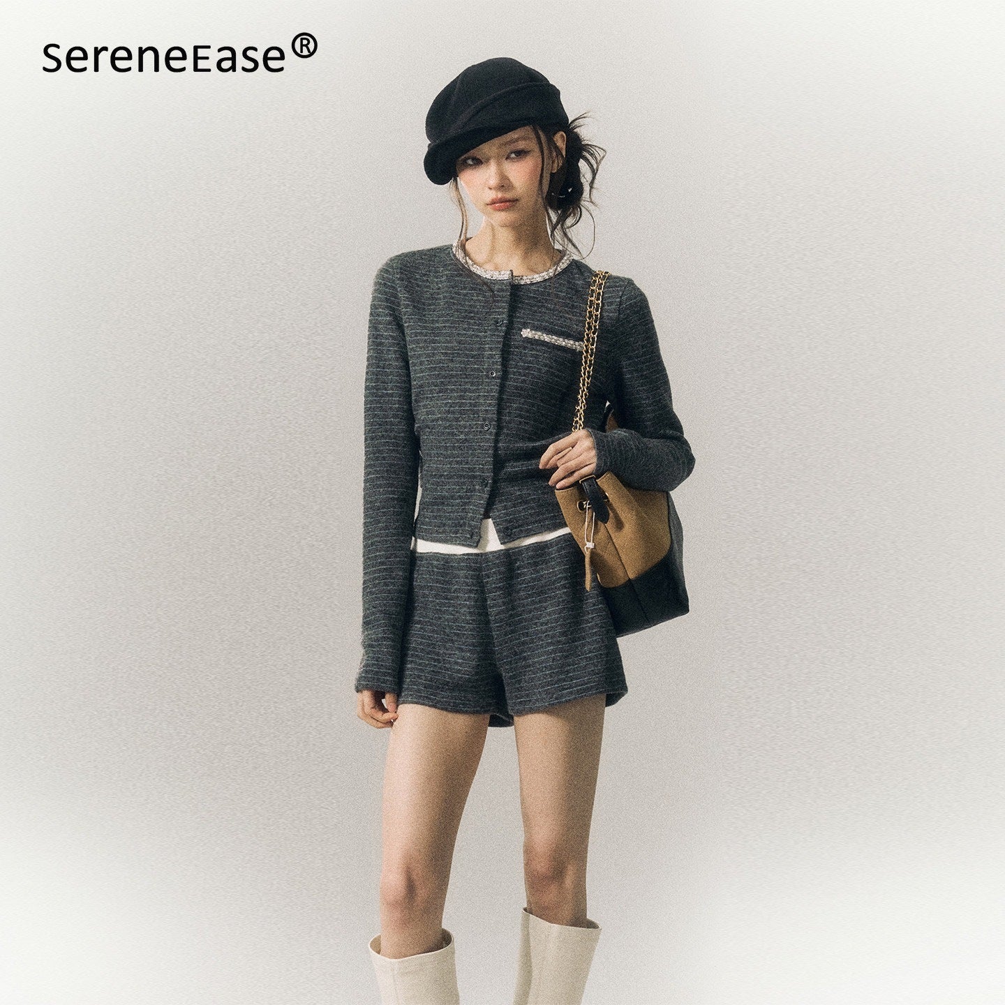 SereneEase_Gray_Blue_Striped_Hand_Beaded_Tie_Cardigan_Women's_Wool_Casual_Top_&_Shorts_Sets_983222767388_MISSTT