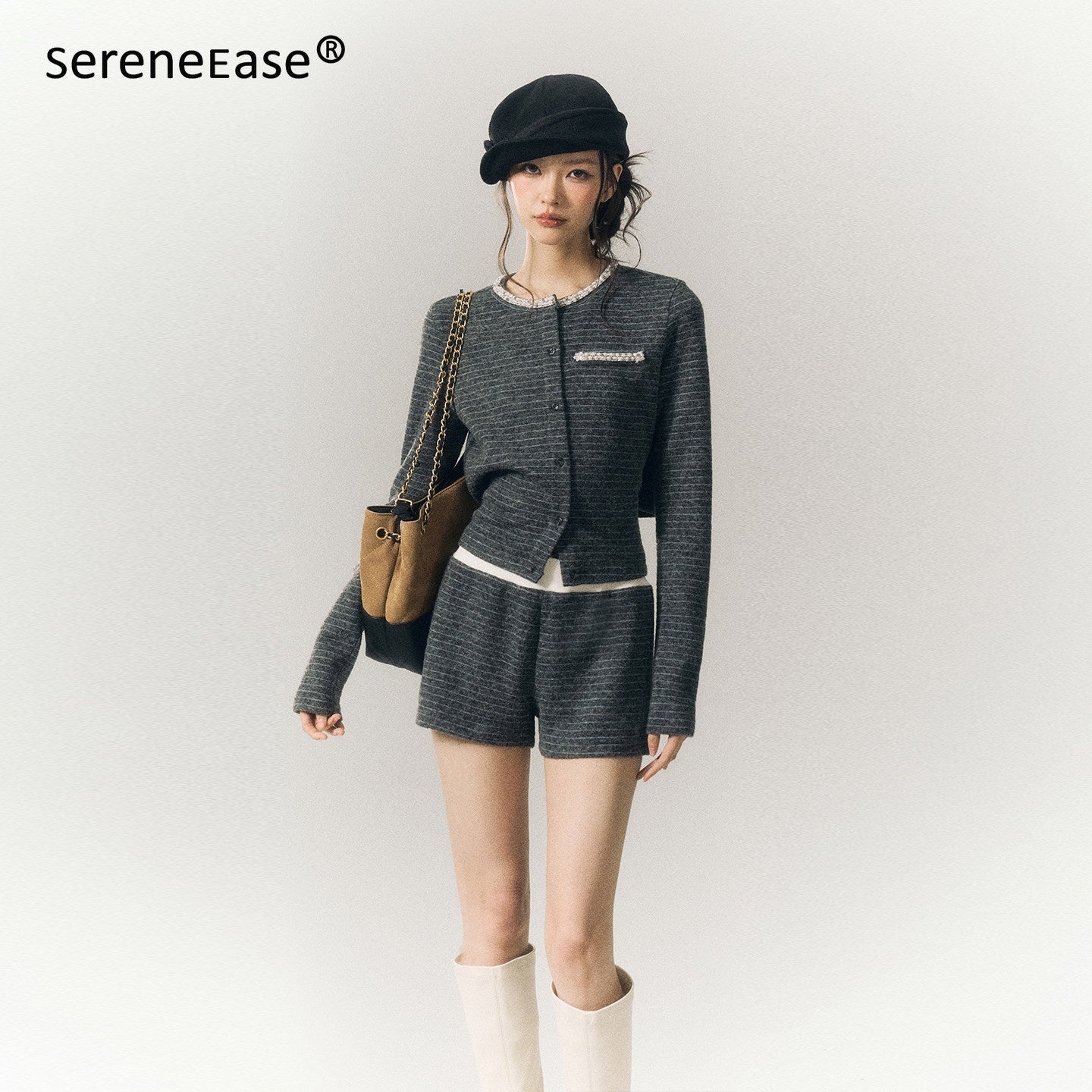 SereneEase_Gray_Blue_Striped_Hand_Beaded_Tie_Cardigan_Women's_Wool_Casual_Top_&_Shorts_Sets_983222767388_MISSTT