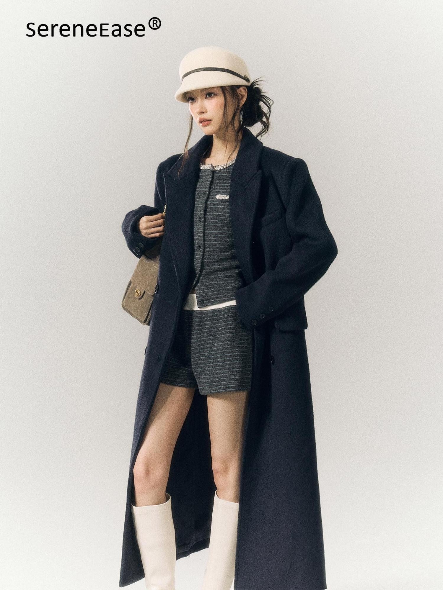 SereneEase Gray Blue Striped Hand Beaded Tie Cardigan Women's Wool Casual Top & Shorts Sets