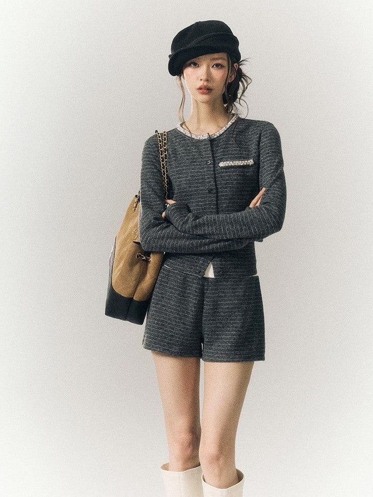 SereneEase Gray Blue Striped Hand Beaded Tie Cardigan Women's Wool Casual Top & Shorts Sets