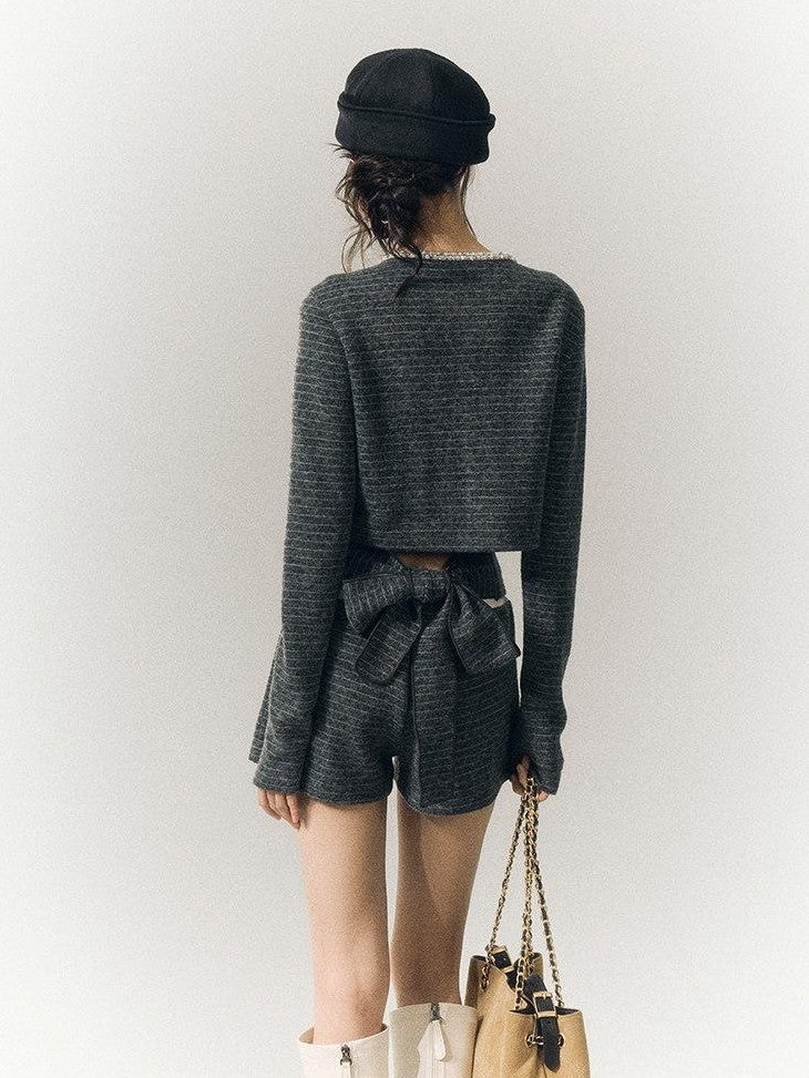 SereneEase Gray Blue Striped Hand Beaded Tie Cardigan Women's Wool Casual Top & Shorts Sets