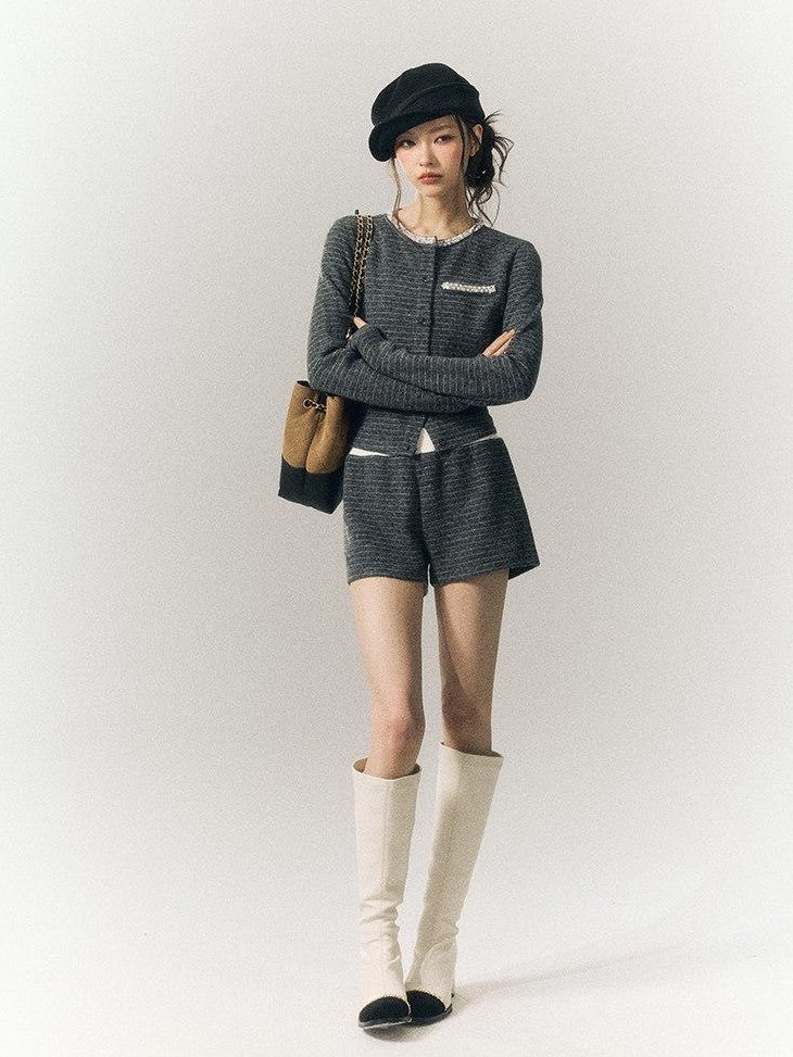 SereneEase Gray Blue Striped Hand Beaded Tie Cardigan Women's Wool Casual Top & Shorts Sets
