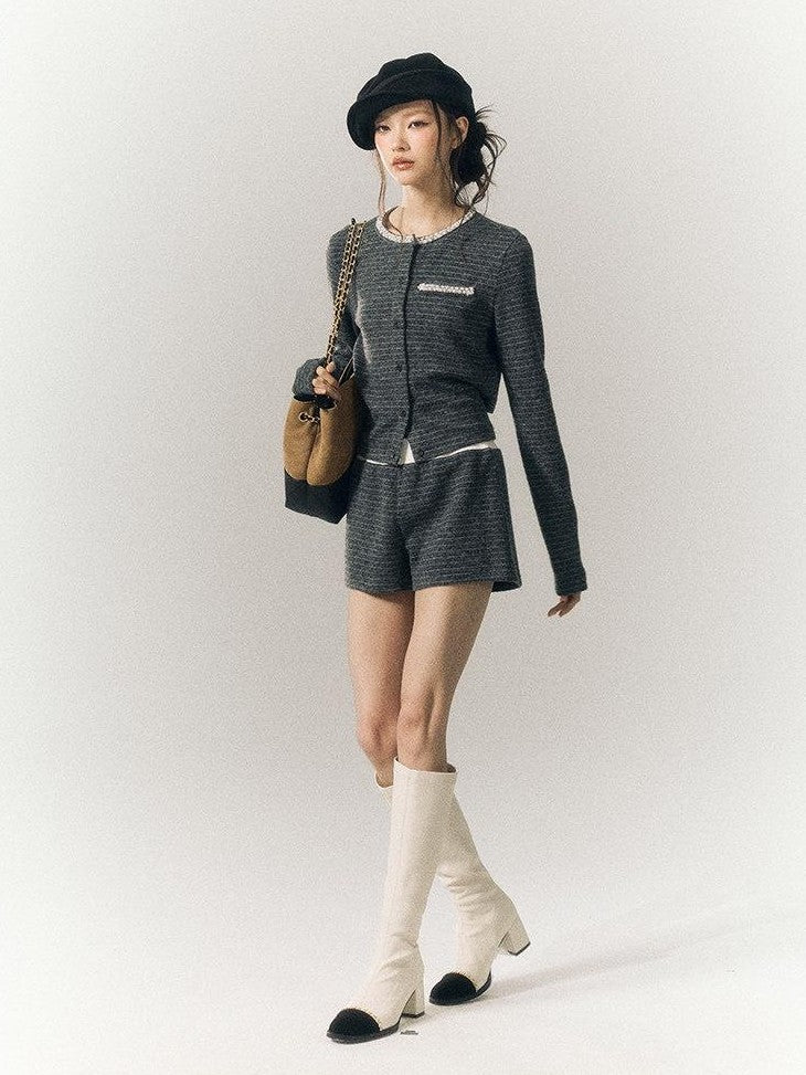 SereneEase Gray Blue Striped Hand Beaded Tie Cardigan Women's Wool Casual Top & Shorts Sets