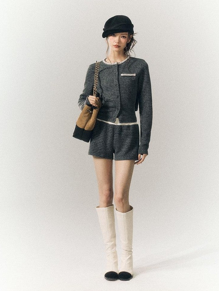 SereneEase Gray Blue Striped Hand Beaded Tie Cardigan Women's Wool Casual Top & Shorts Sets