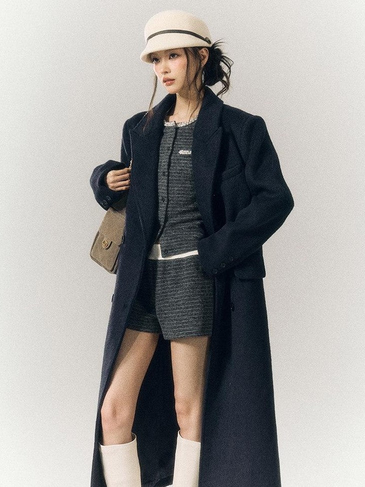 SereneEase Gray Blue Striped Hand Beaded Tie Cardigan Women's Wool Casual Top & Shorts Sets