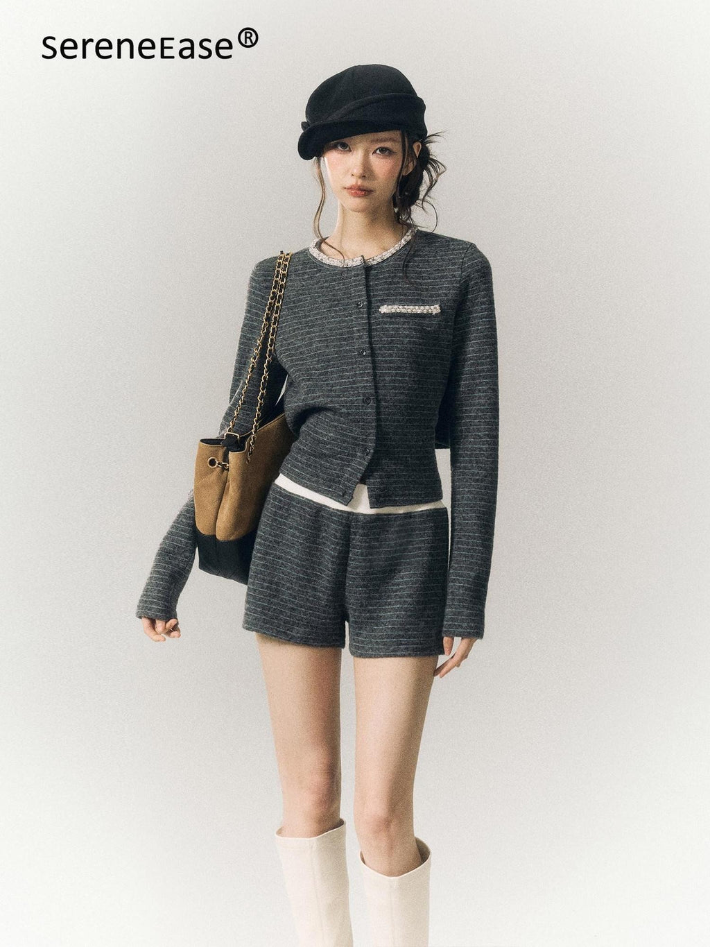 SereneEase Gray Blue Striped Hand Beaded Tie Cardigan Women's Wool Casual Top & Shorts Sets