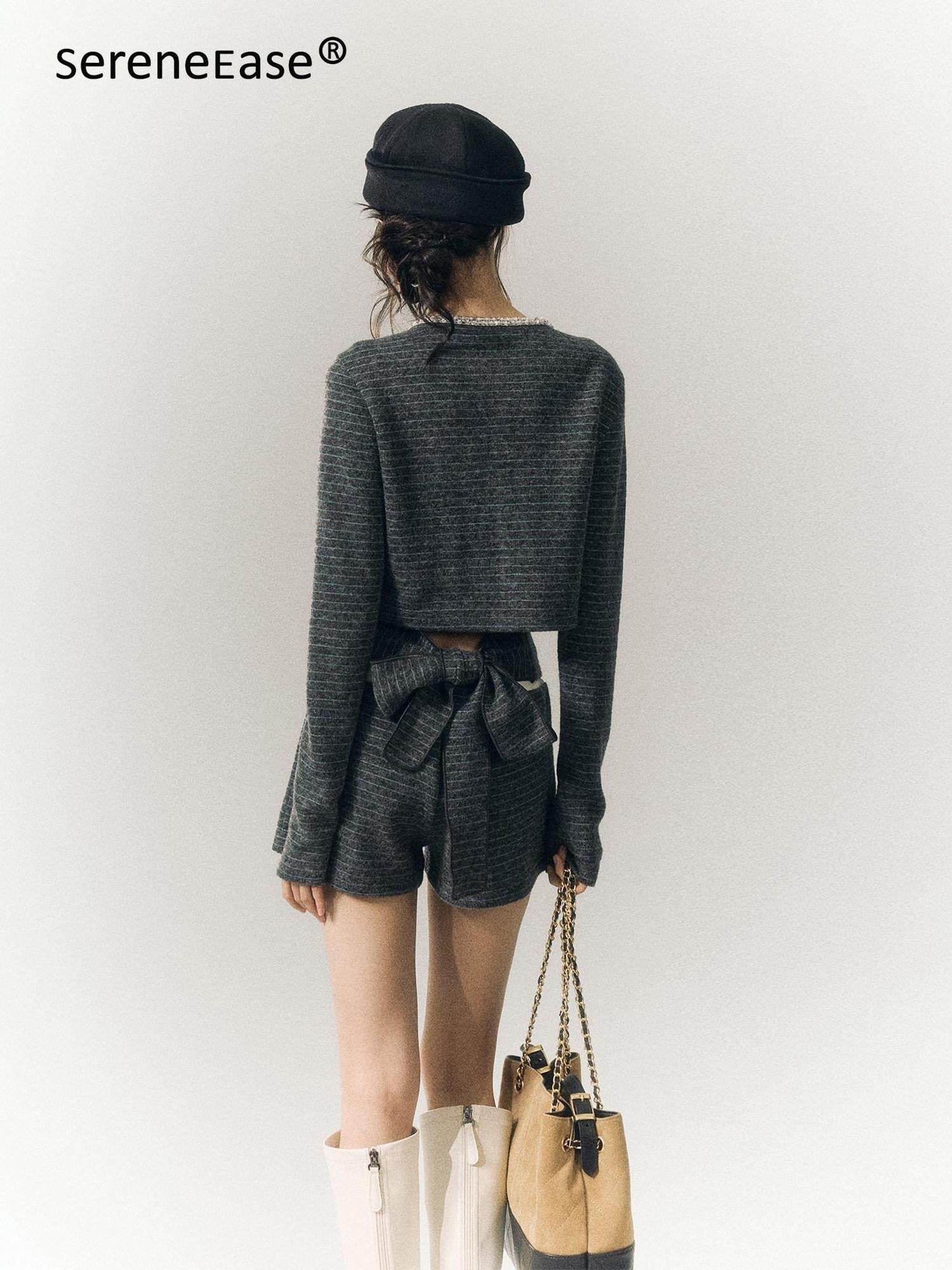 SereneEase Gray Blue Striped Hand Beaded Tie Cardigan Women's Wool Casual Top & Shorts Sets