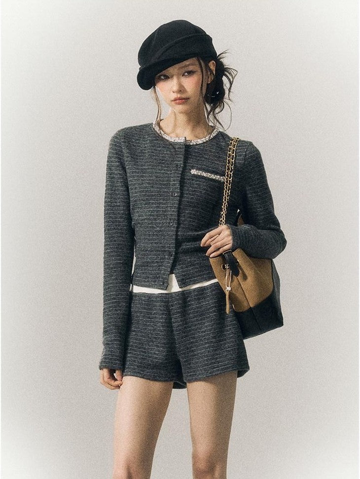 SereneEase Gray Blue Striped Hand Beaded Tie Cardigan Women's Wool Casual Top & Shorts Sets