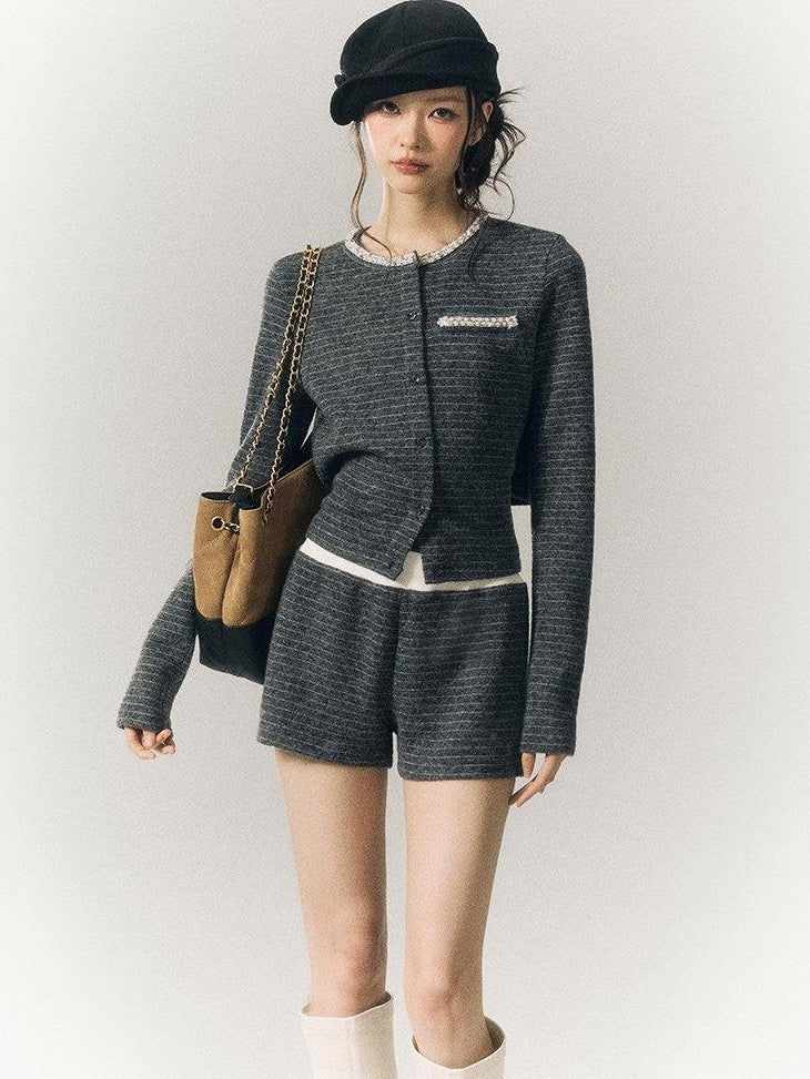 SereneEase Gray Blue Striped Hand Beaded Tie Cardigan Women's Wool Casual Top & Shorts Sets