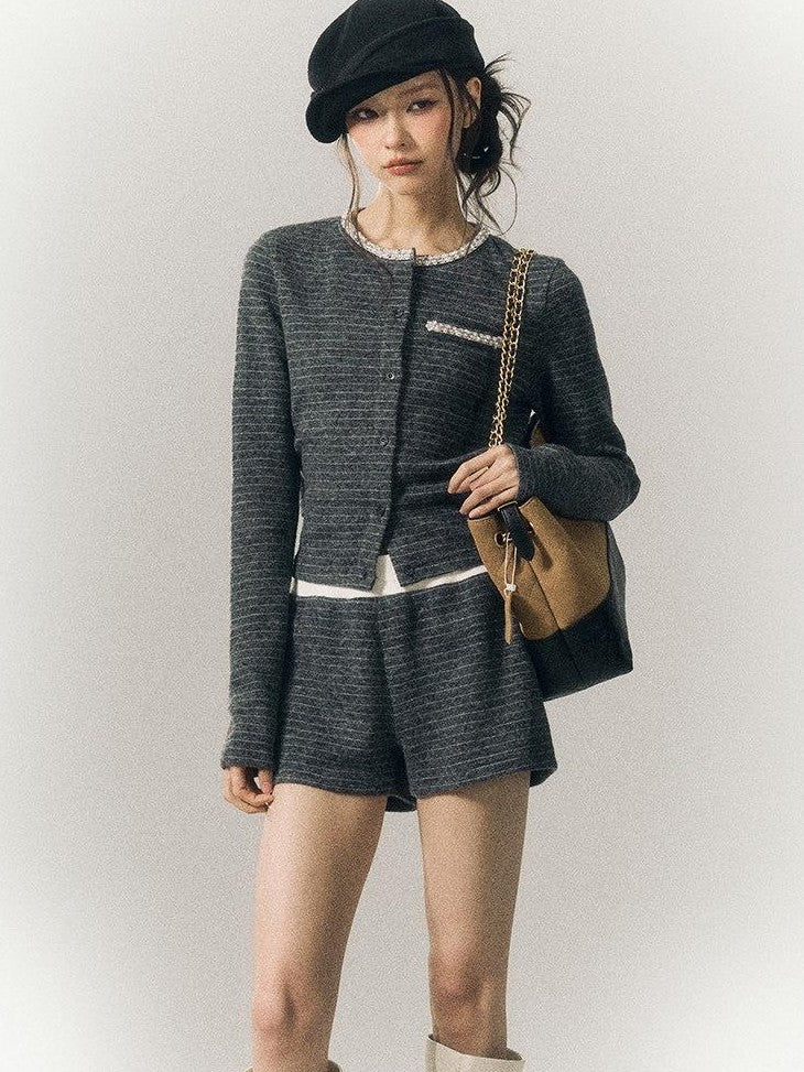 SereneEase Gray Blue Striped Hand Beaded Tie Cardigan Women's Wool Casual Top & Shorts Sets