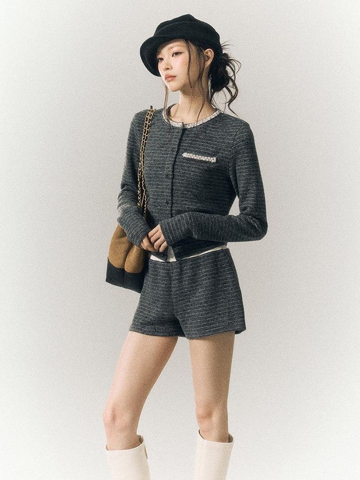 SereneEase Gray Blue Striped Hand Beaded Tie Cardigan Women's Wool Casual Top & Shorts Sets