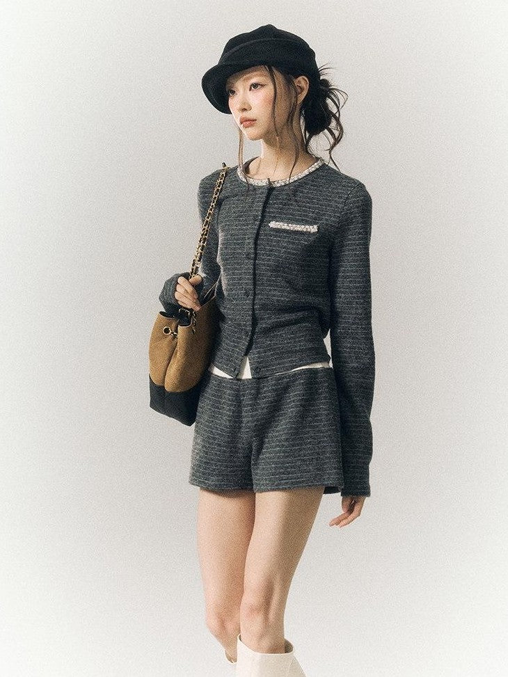 SereneEase Gray Blue Striped Hand Beaded Tie Cardigan Women's Wool Casual Top & Shorts Sets