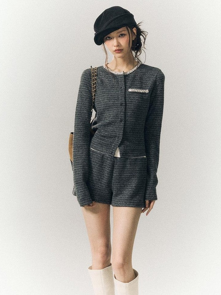 SereneEase Gray Blue Striped Hand Beaded Tie Cardigan Women's Wool Casual Top & Shorts Sets