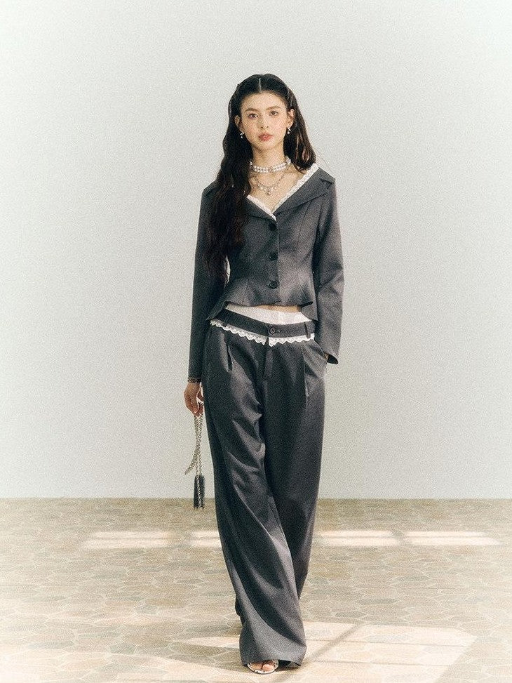 SereneEase Gray One Shoulder Spliced Waist Slimming Women's Blazer Pant Suits