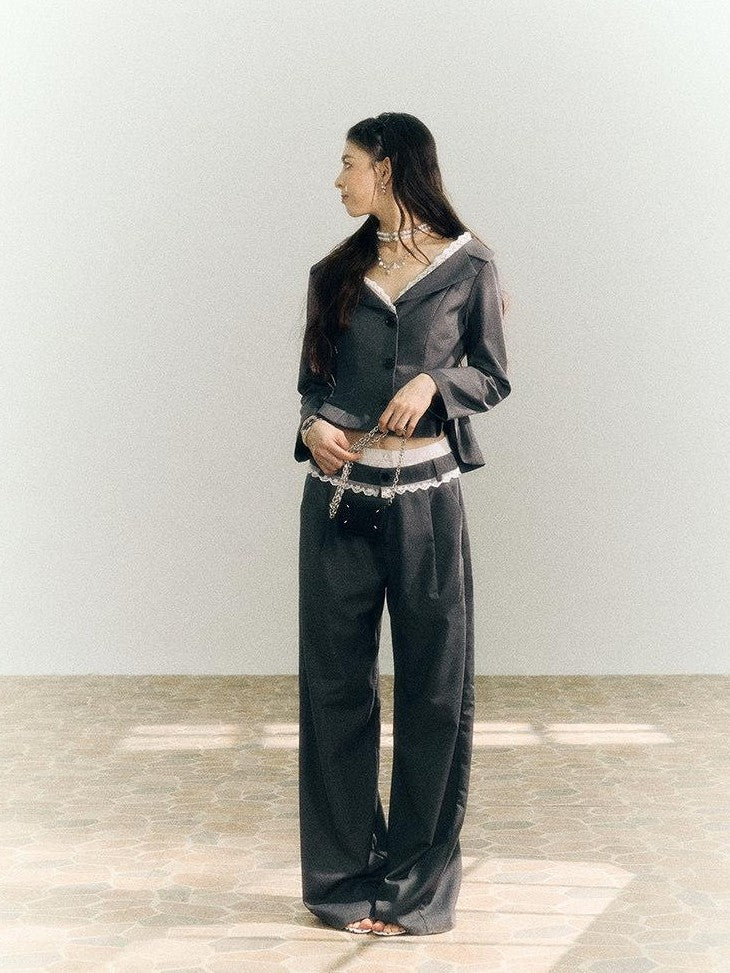 SereneEase Gray One Shoulder Spliced Waist Slimming Women's Blazer Pant Suits
