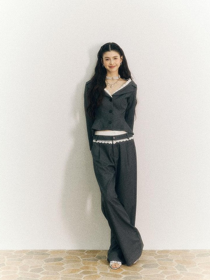 SereneEase Gray One Shoulder Spliced Waist Slimming Women's Blazer Pant Suits