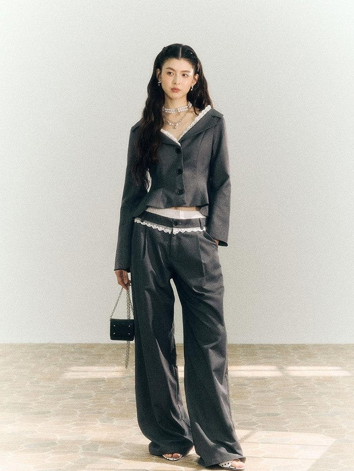 SereneEase Gray One Shoulder Spliced Waist Slimming Women's Blazer Pant Suits