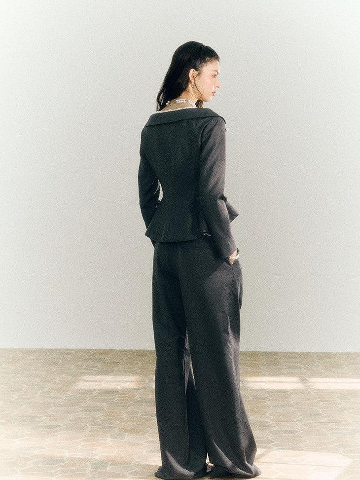 SereneEase Gray One Shoulder Spliced Waist Slimming Women's Blazer Pant Suits