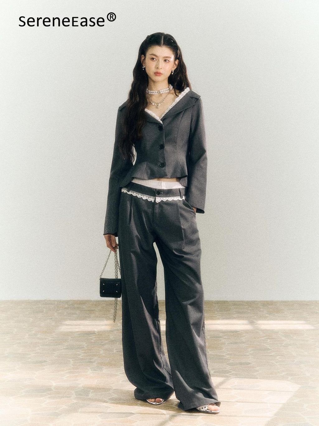 SereneEase Gray One Shoulder Spliced Waist Slimming Women's Blazer Pant Suits