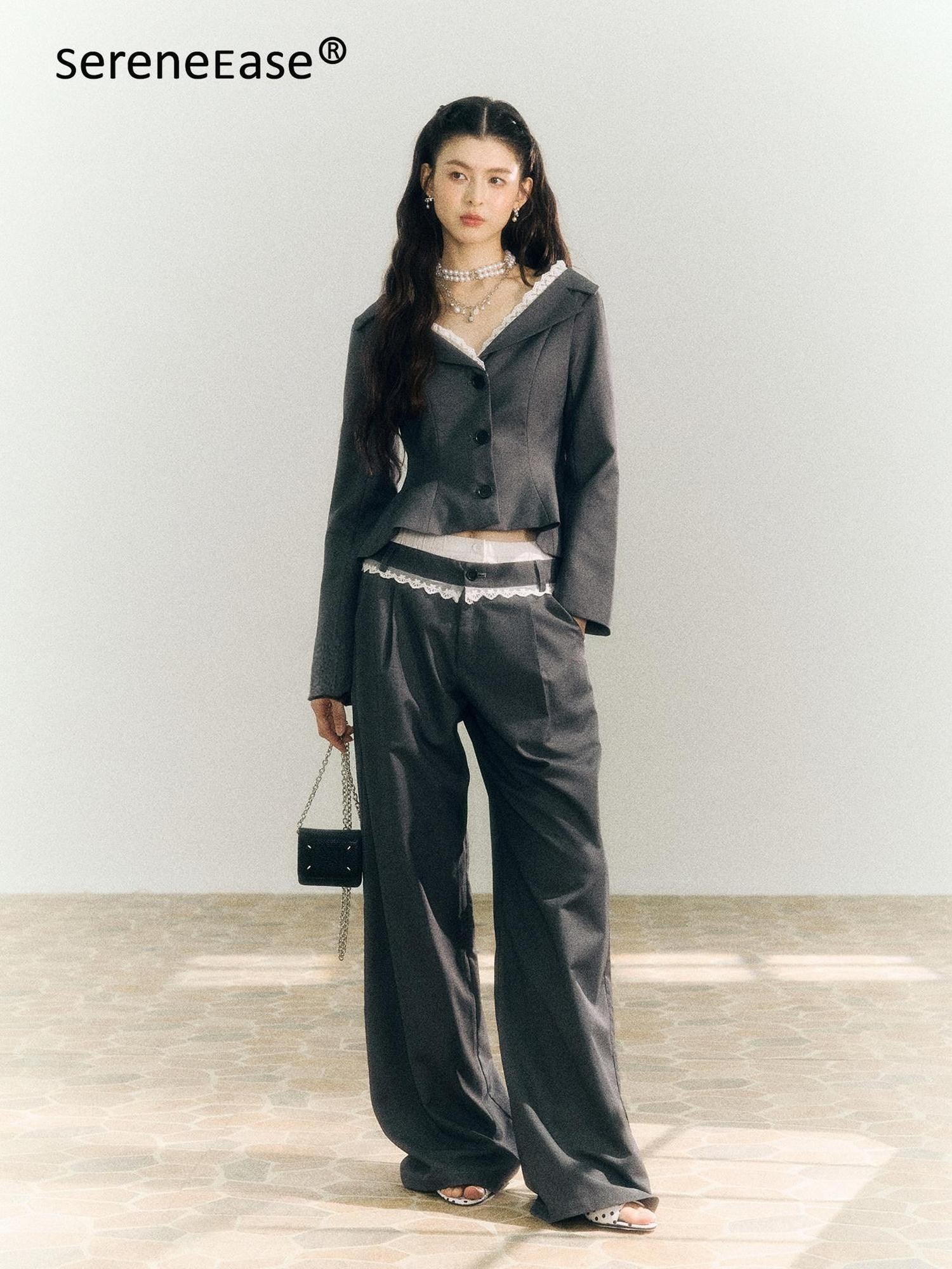 SereneEase Gray One Shoulder Spliced Waist Slimming Women's Blazer Pant Suits