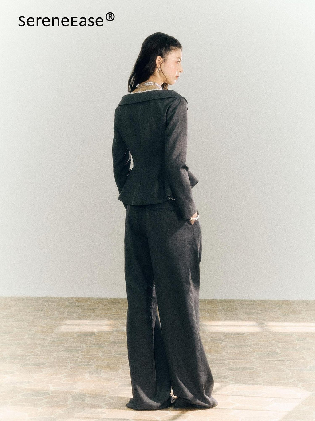 SereneEase Gray One Shoulder Spliced Waist Slimming Women's Blazer Pant Suits