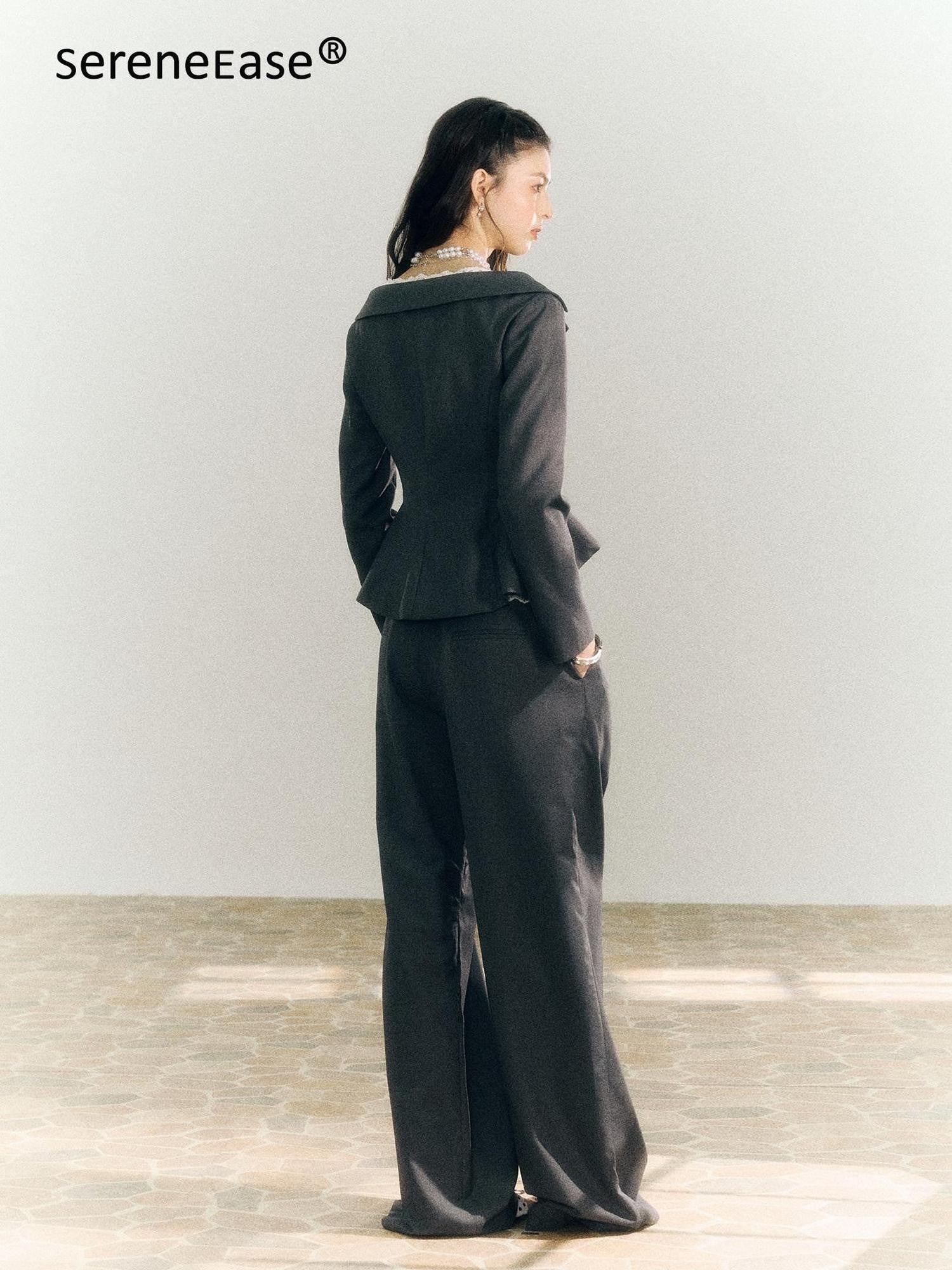 SereneEase Gray One Shoulder Spliced Waist Slimming Women's Blazer Pant Suits