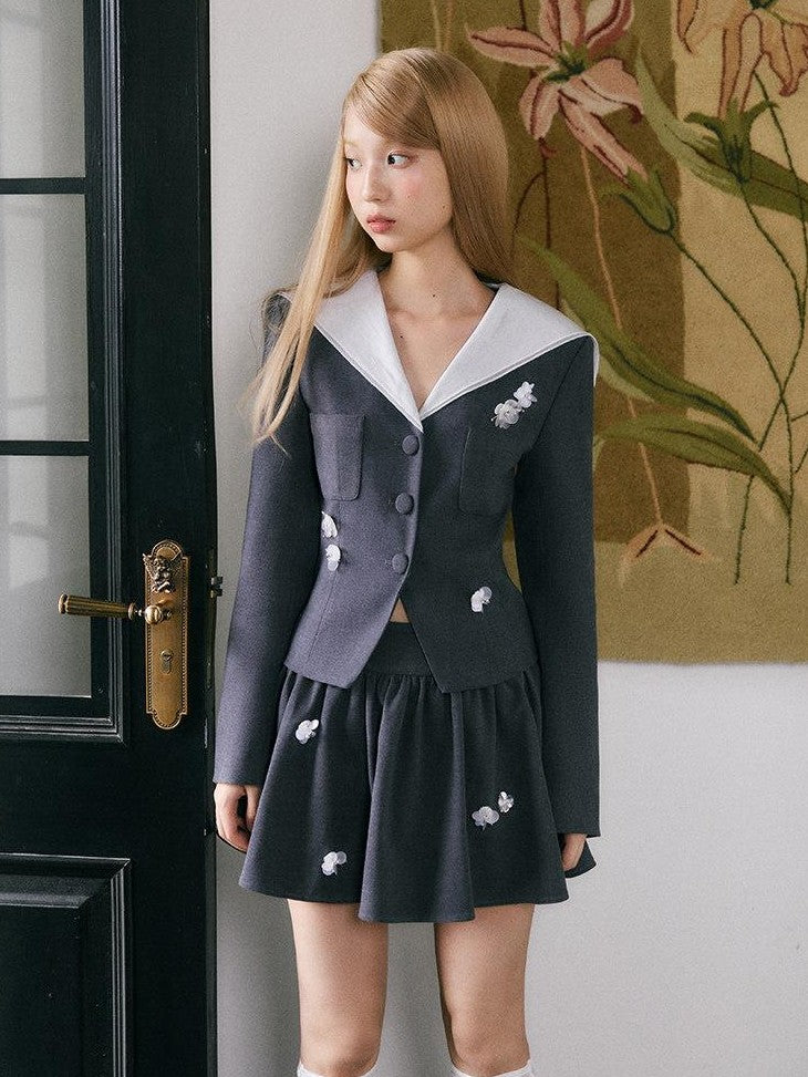 SereneEase Hand Beaded Floral Navy Collar Women's Polyester Matching Skirt Sets