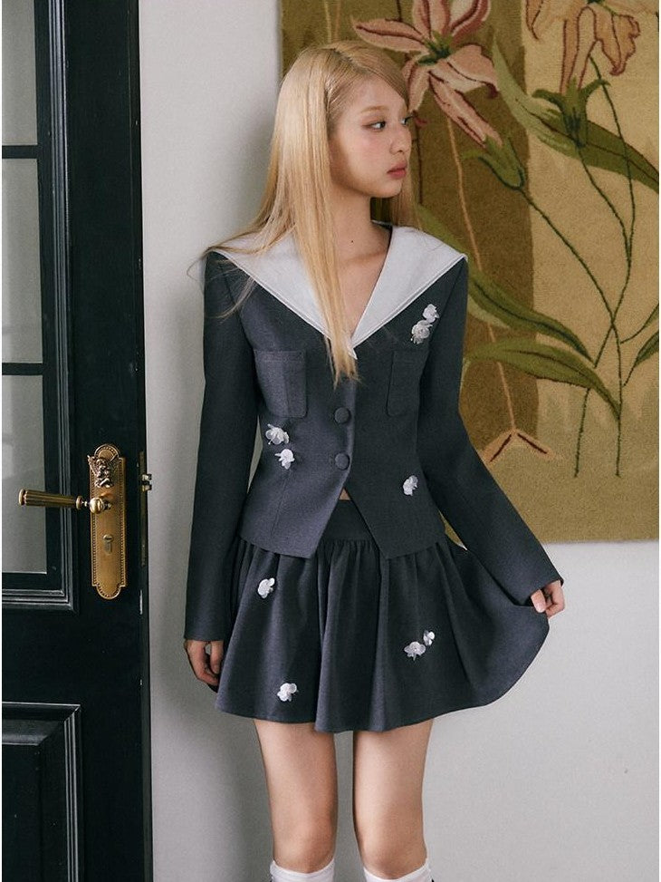 SereneEase Hand Beaded Floral Navy Collar Women's Polyester Matching Skirt Sets