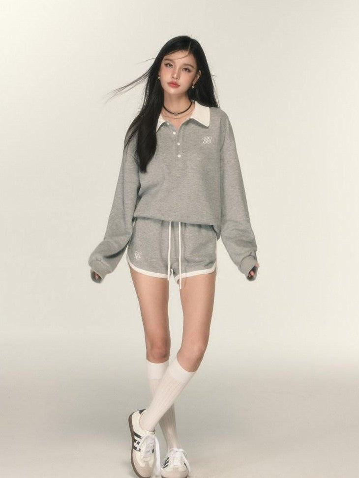 SereneEase Heather Gray Relaxed Lounge American Women's Cotton Sport Top & Shorts Sets