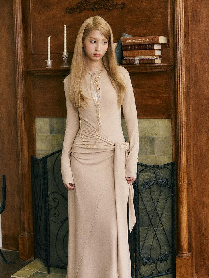 SereneEase Henley Collar Tie Waist Long Sleeve Fishtail Women's Viscose Casual Maxi Dresses