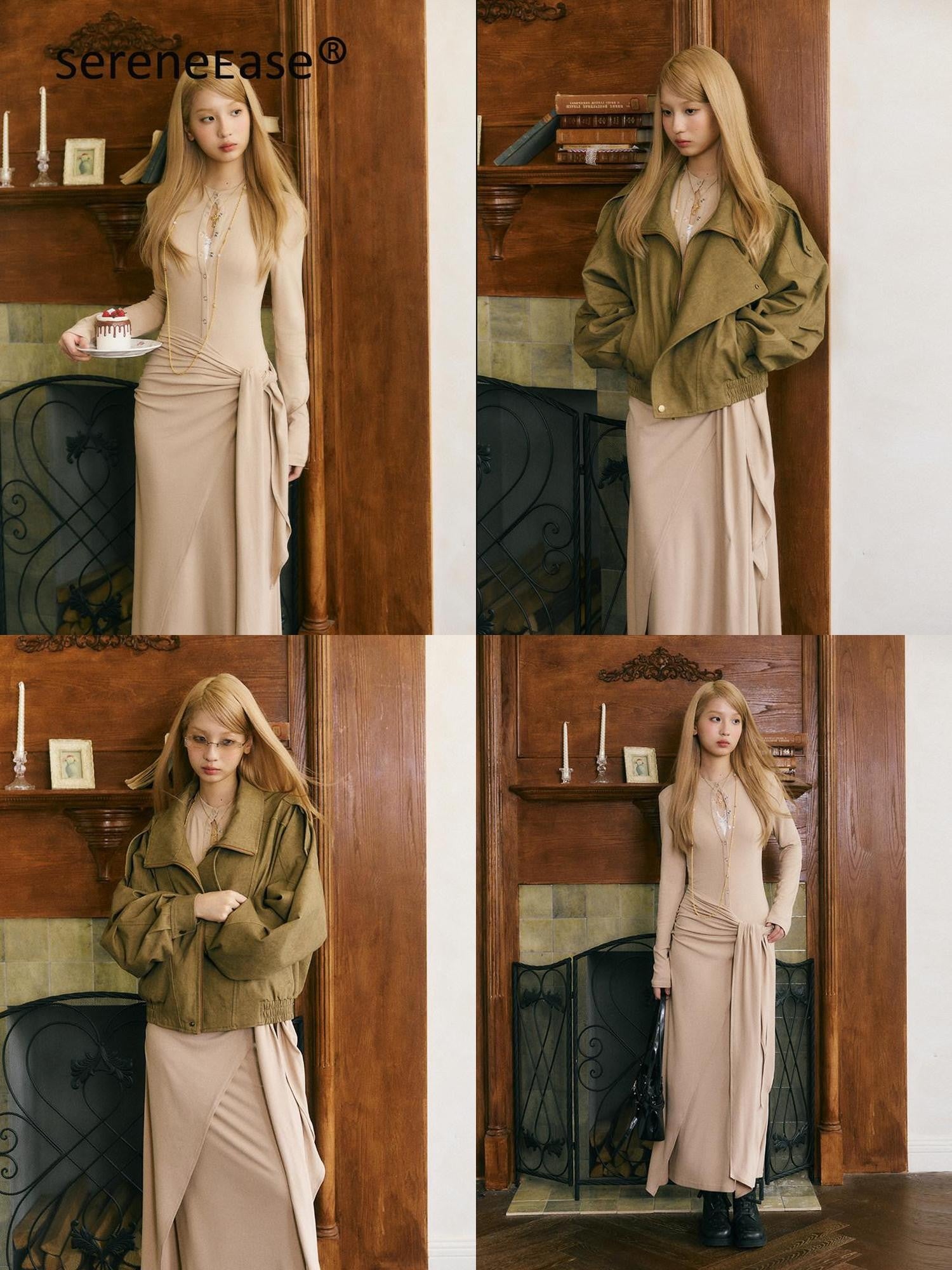 SereneEase Henley Collar Tie Waist Long Sleeve Fishtail Women's Viscose Casual Maxi Dresses