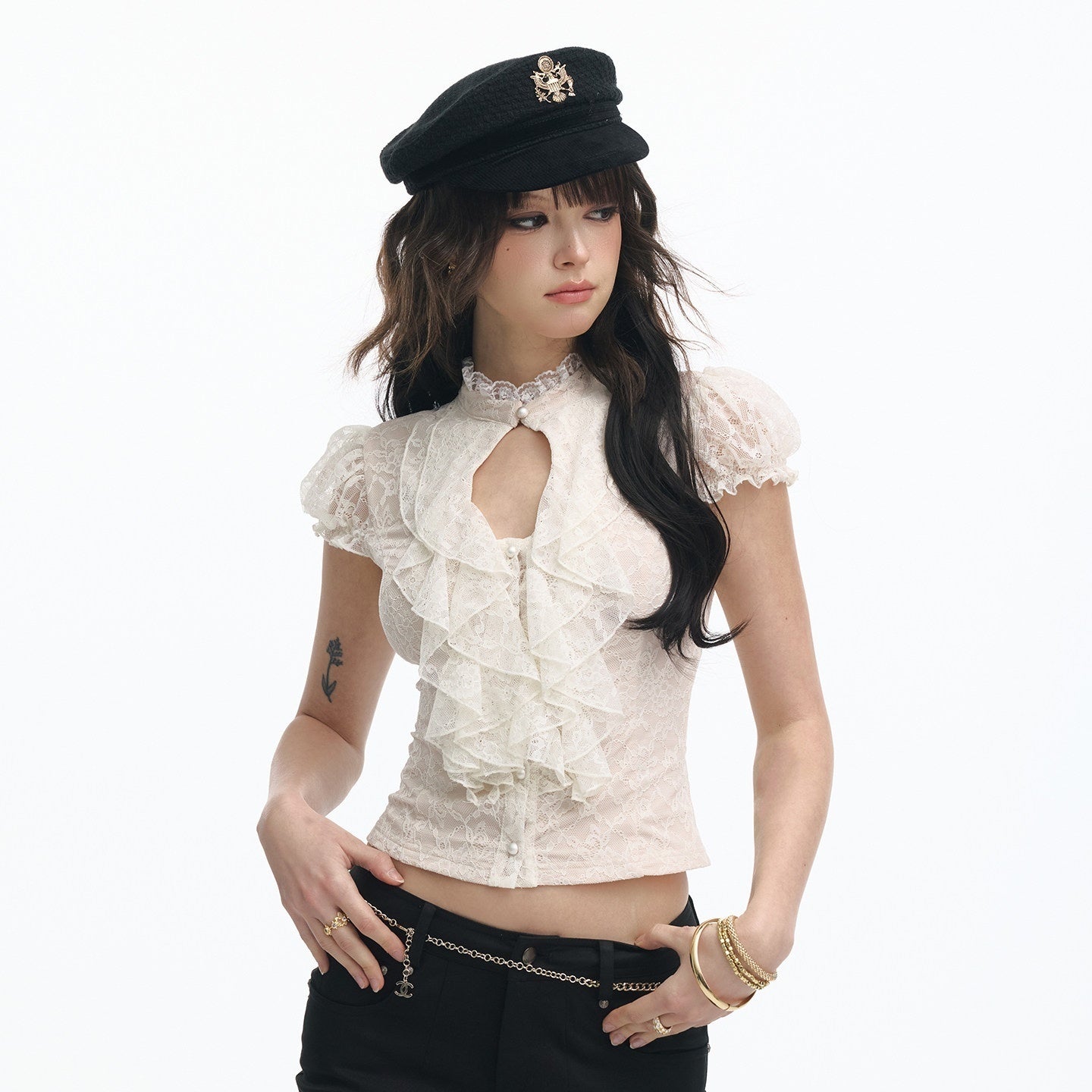 SereneEase_Ivory_Lace_Cutout_Ruffle_Pleated_Stand_Collar_Women's_Slim_T-shirts_1023682045877_MISSTT