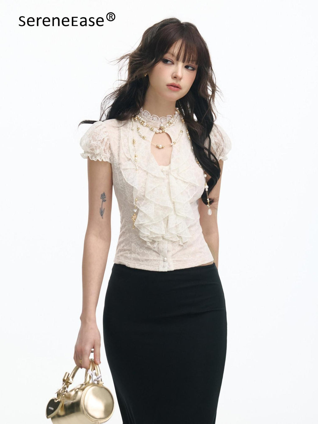 SereneEase Ivory Lace Cutout Ruffle Pleated Stand Collar Women's Slim T-shirts