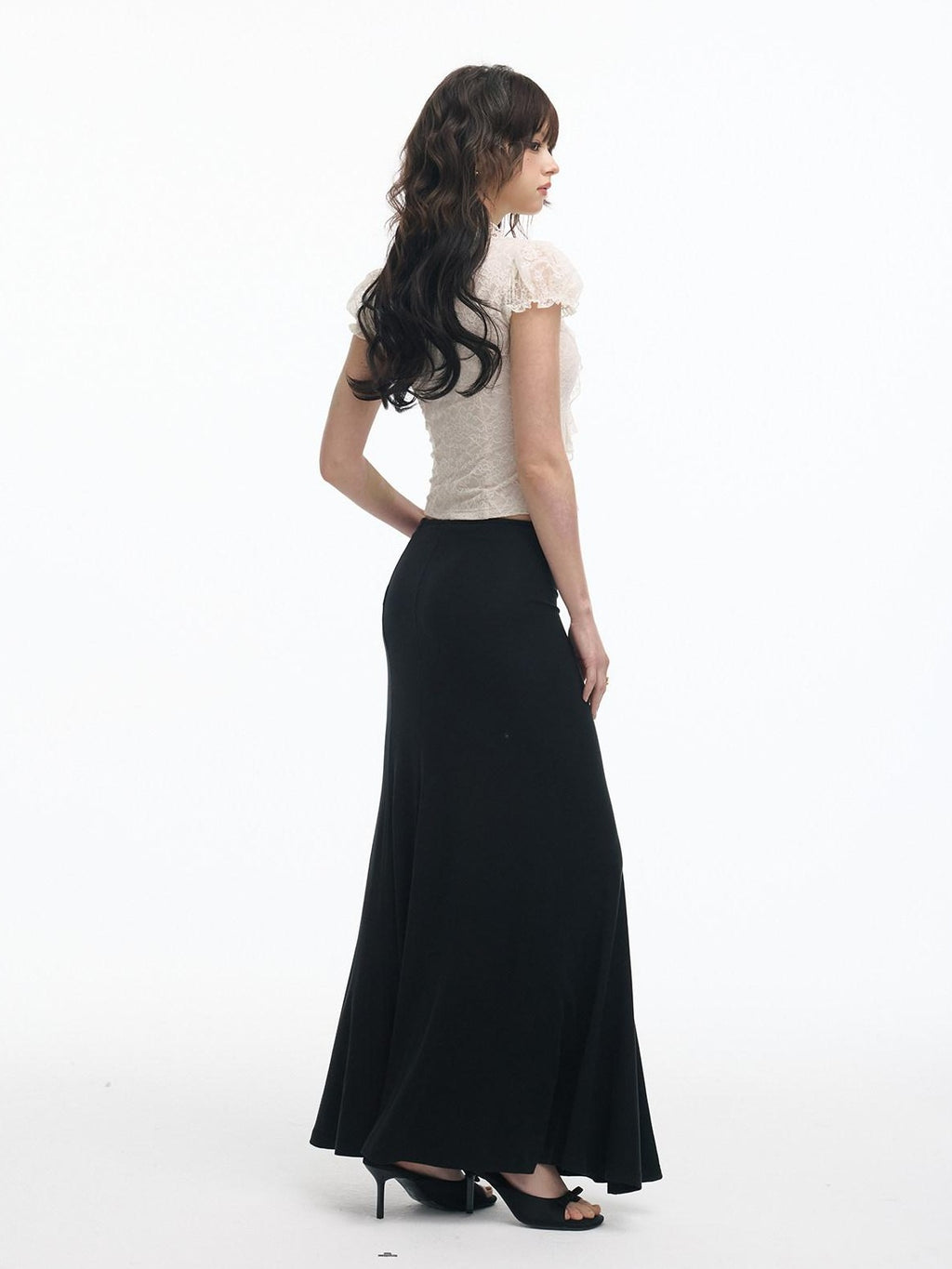 SereneEase Ivory Lace Cutout Ruffle Pleated Stand Collar Women's Slim T-shirts