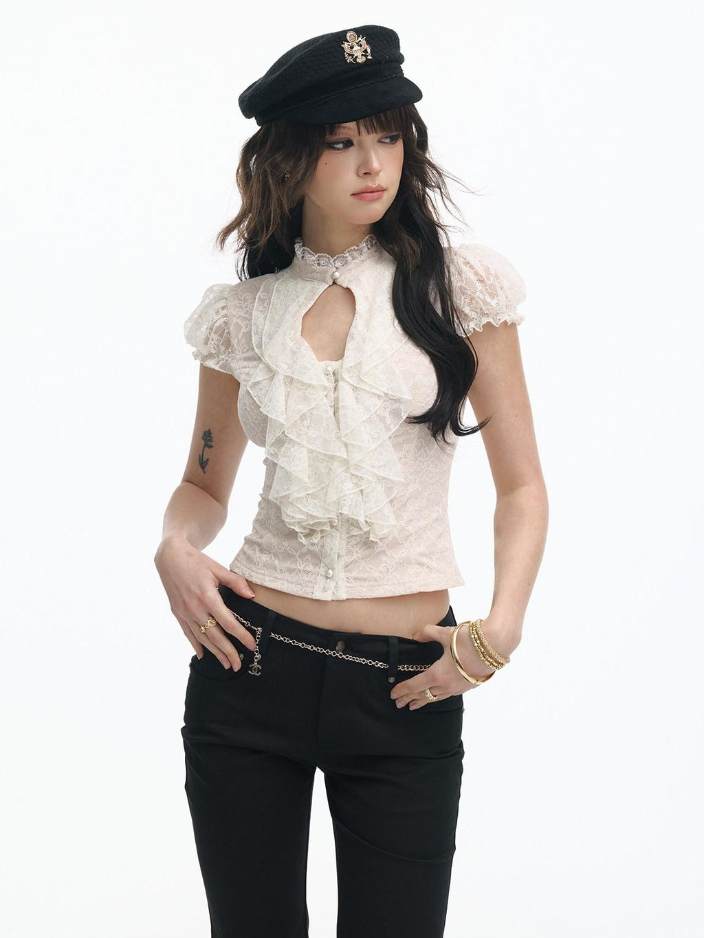 SereneEase Ivory Lace Cutout Ruffle Pleated Stand Collar Women's Slim T-shirts