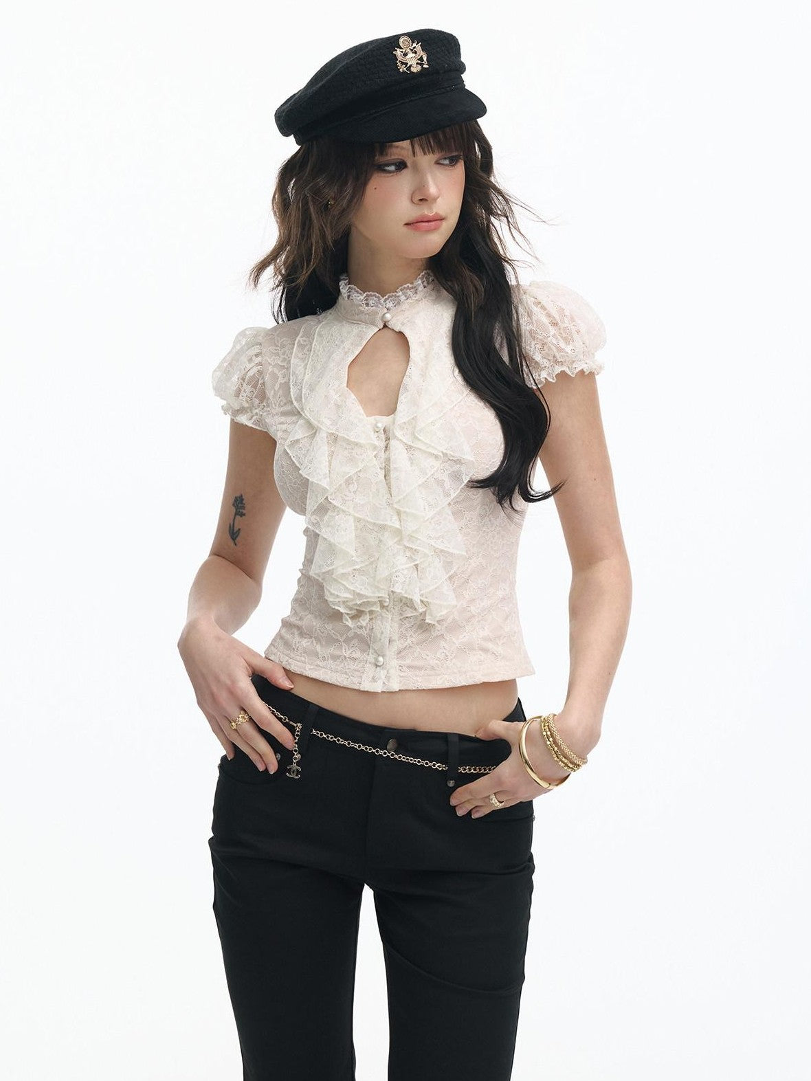 SereneEase Ivory Lace Cutout Ruffle Pleated Stand Collar Women's Slim T-shirts